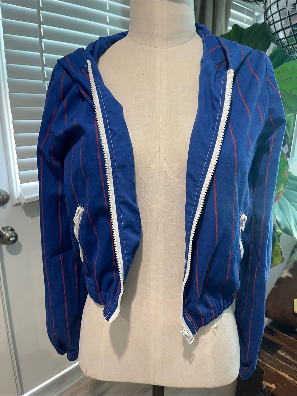 Forever 21 Women’s Blue Hooded Zip Jacket with Red Pinstripes